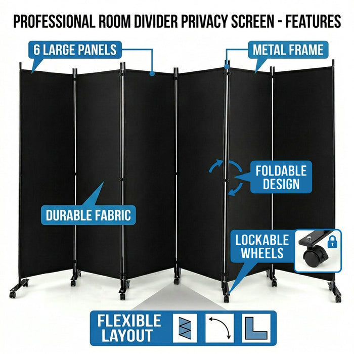 1.72m 6 Panel Folding Room Divider with Lockable Wheels Furniture Home