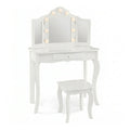 2 in 1 Kids Vanity Table Stool Set Tri Folding Mirror Furniture White
