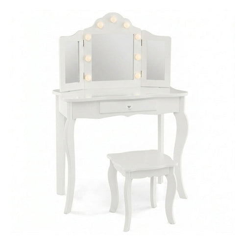 2 in 1 Kids Vanity Table Stool Set Tri Folding Mirror Furniture White