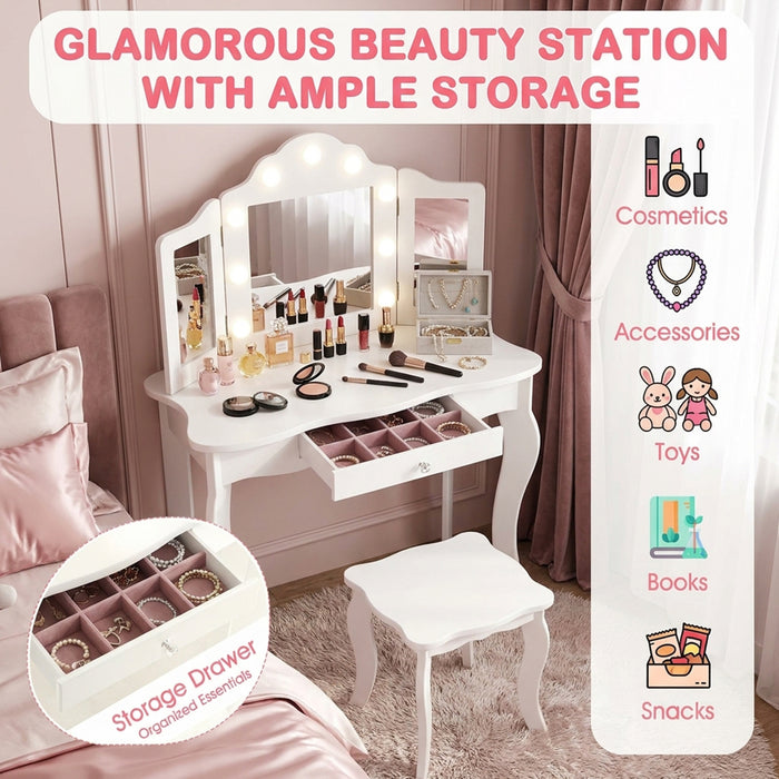 2 in 1 Kids Vanity Table Stool Set Tri Folding Mirror Furniture White