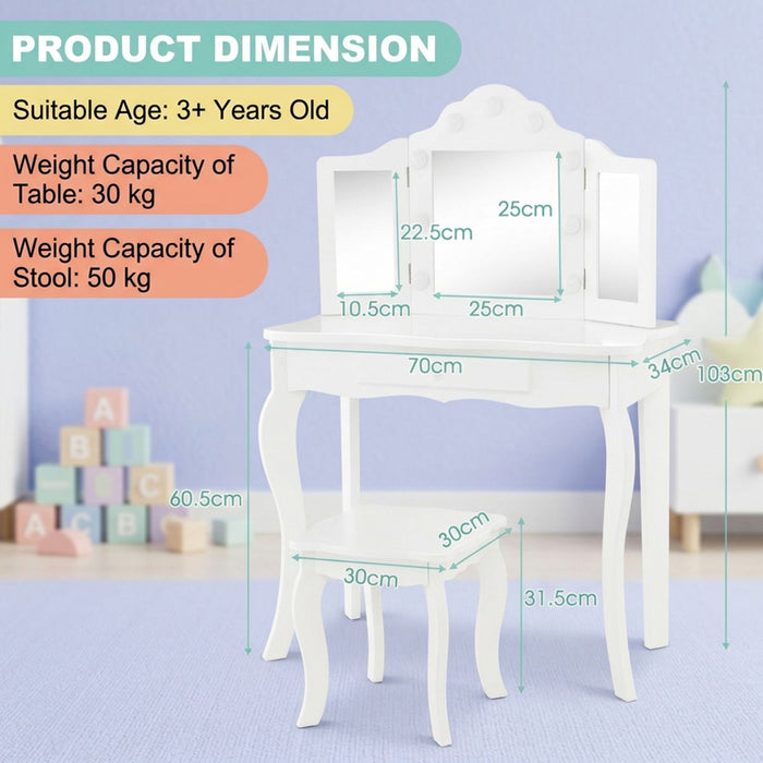 2 in 1 Kids Vanity Table Stool Set Tri Folding Mirror Furniture White