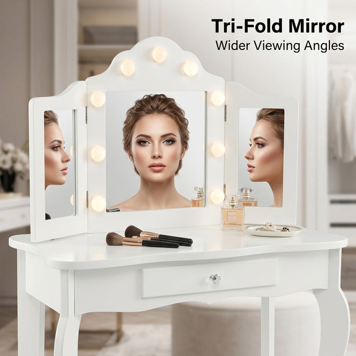 2 in 1 Kids Vanity Table Stool Set Tri Folding Mirror Furniture White