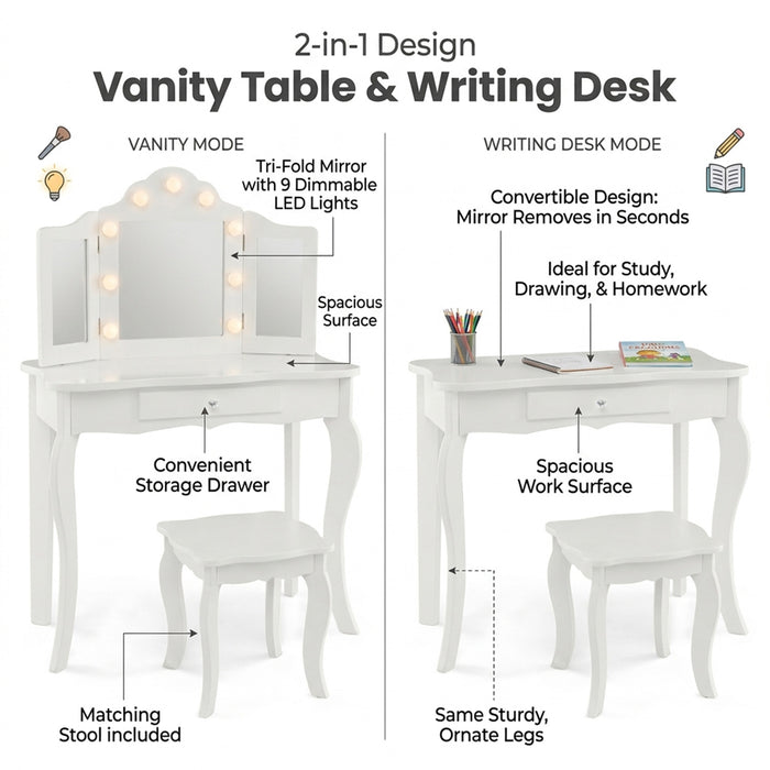 2 in 1 Kids Vanity Table Stool Set Tri Folding Mirror Furniture White