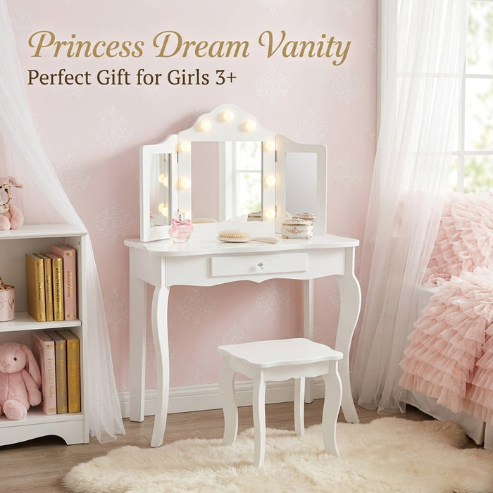 2 in 1 Kids Vanity Table Stool Set Tri Folding Mirror Furniture White