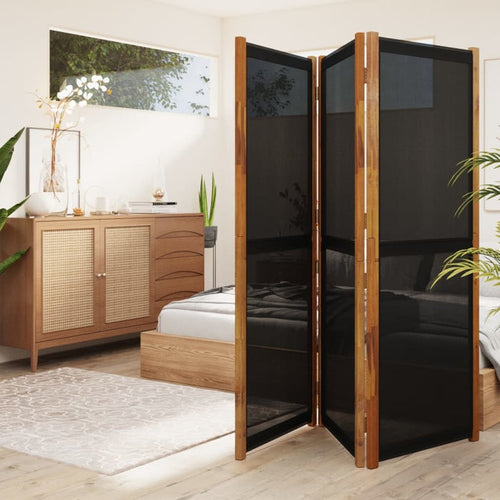 3-Panel Room Divider Solid Acacia Wood Textilene Foldable Screen 210x180cm Black