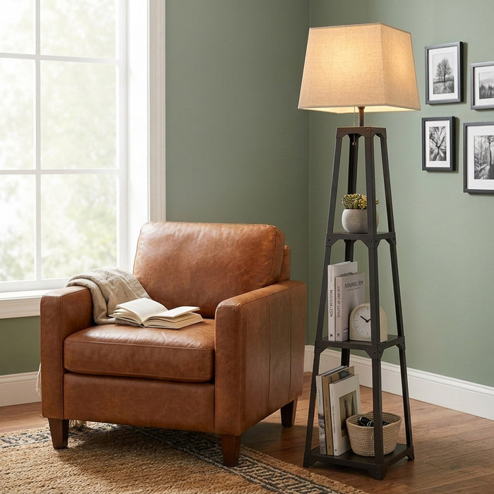 3 Tier Shelf Floor Lamp Sturdy Metal Frame Living Room Storage Light Stand