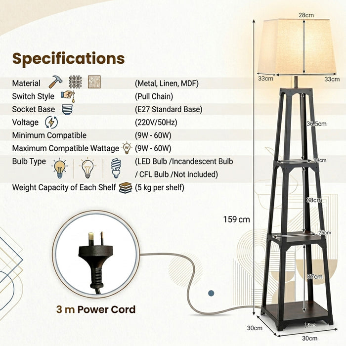 3 Tier Shelf Floor Lamp Sturdy Metal Frame Living Room Storage Light Stand