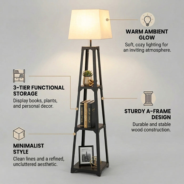 3 Tier Shelf Floor Lamp Sturdy Metal Frame Living Room Storage Light Stand