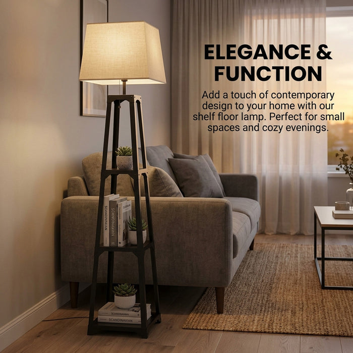 3 Tier Shelf Floor Lamp Sturdy Metal Frame Living Room Storage Light Stand