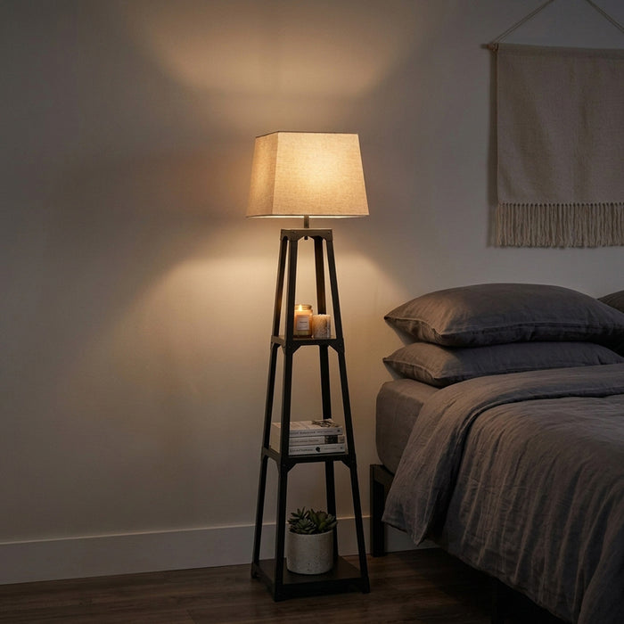 3 Tier Shelf Floor Lamp Sturdy Metal Frame Living Room Storage Light Stand