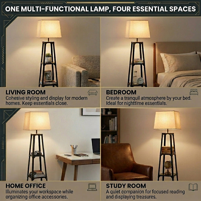 3 Tier Shelf Floor Lamp Sturdy Metal Frame Living Room Storage Light Stand