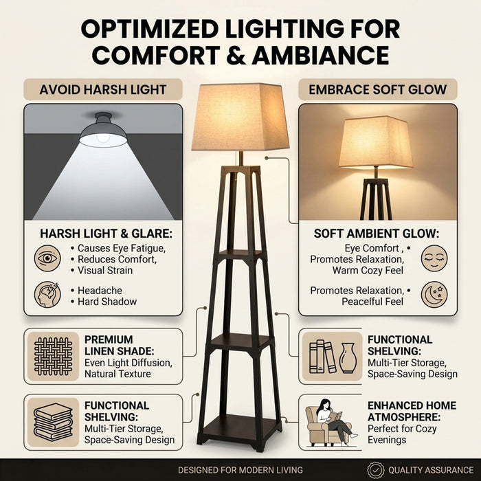 3 Tier Shelf Floor Lamp Sturdy Metal Frame Living Room Storage Light Stand