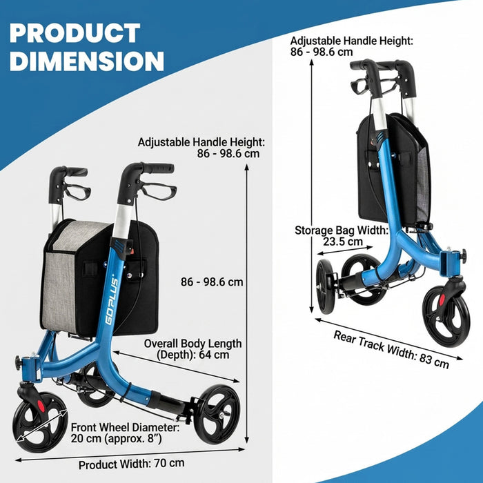 Aluminium Foldable 3 Wheel Rollator Walker with Zippered Bag Dual Brake System