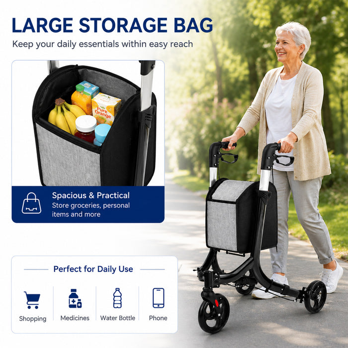 Aluminium Foldable 3 Wheel Rollator Walker with Zippered Bag Dual Brake System
