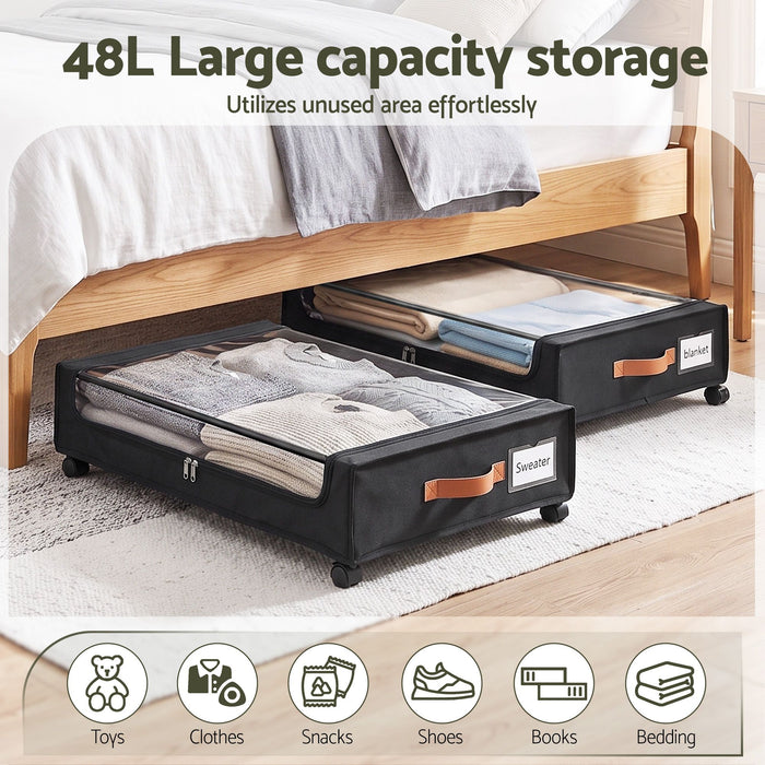 Artiss 2X Under Bed Storage Containers 48L Clothes Organiser Oxford Black