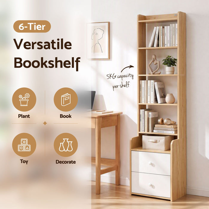 Artiss 6 Tiers Bookshelf with 2 Drawer Storage Shelf Pine