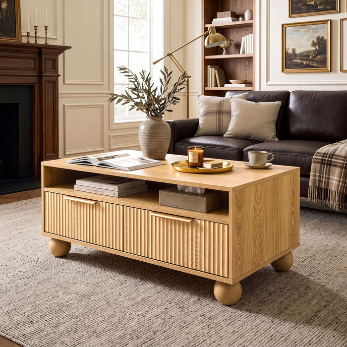 Artiss Coffee Table 90cm Fluted Drawers Open Shelf Spherical Solid Legs Wood