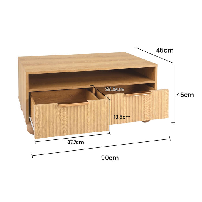 Artiss Coffee Table 90cm Fluted Drawers Open Shelf Spherical Solid Legs Wood