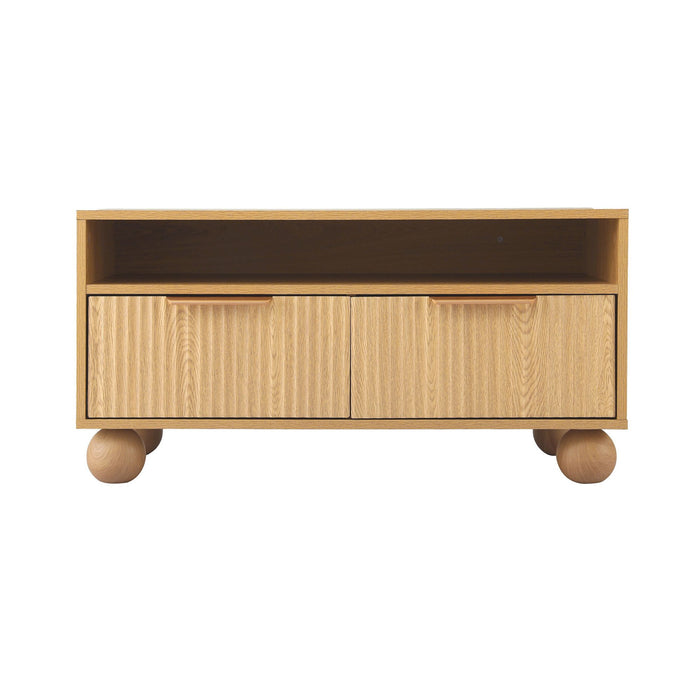 Artiss Coffee Table 90cm Fluted Drawers Open Shelf Spherical Solid Legs Wood