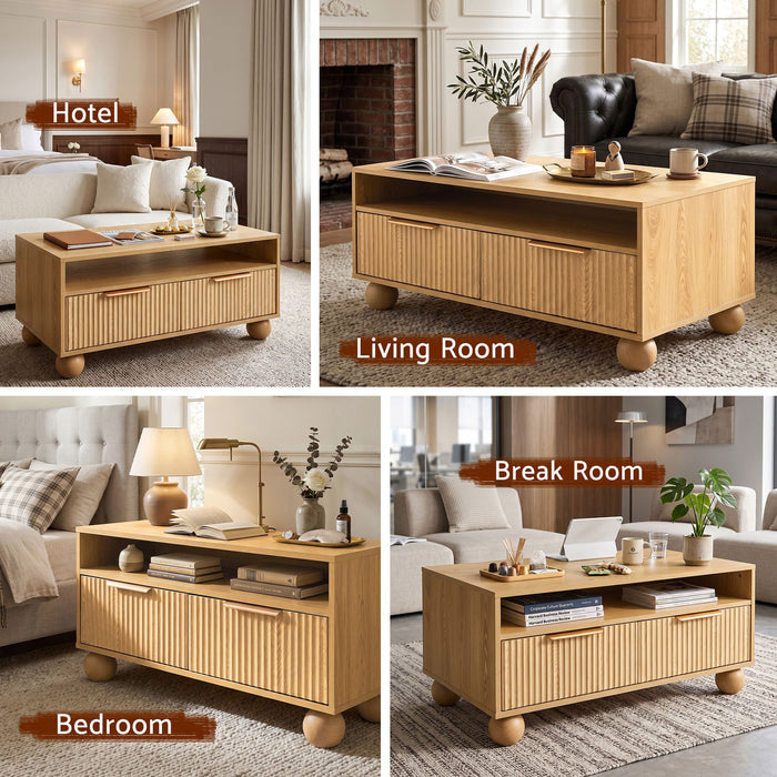 Artiss Coffee Table 90cm Fluted Drawers Open Shelf Spherical Solid Legs Wood