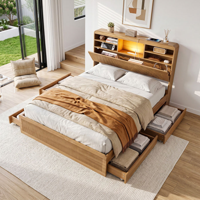 Artiss Double Bed Frame with Storage 4 Drawers USB and Night Light Natural