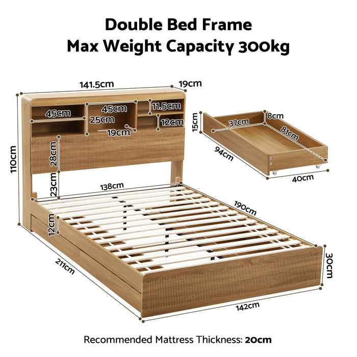 Artiss Double Bed Frame with Storage 4 Drawers USB and Night Light Natural