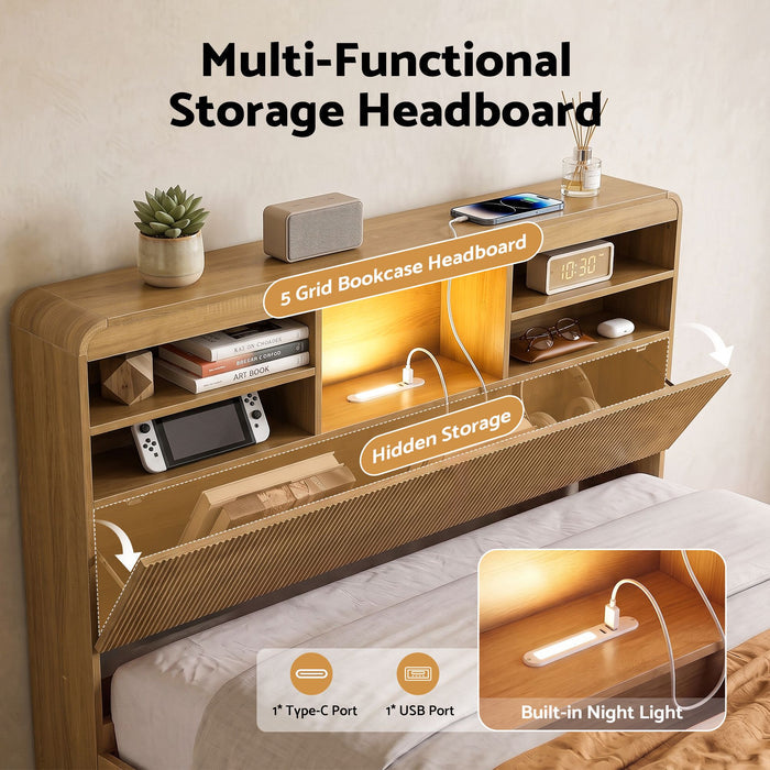 Artiss Double Bed Frame with Storage 4 Drawers USB and Night Light Natural