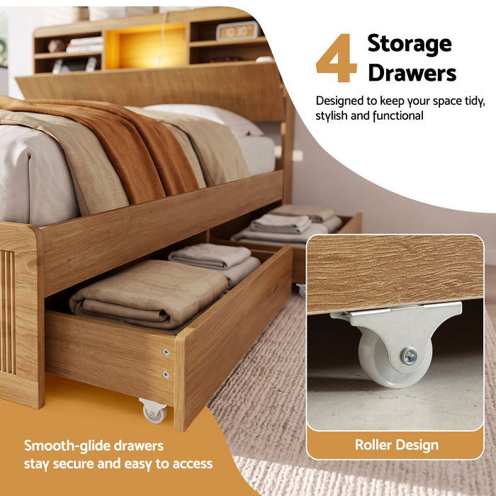 Artiss Double Bed Frame with Storage 4 Drawers USB and Night Light Natural