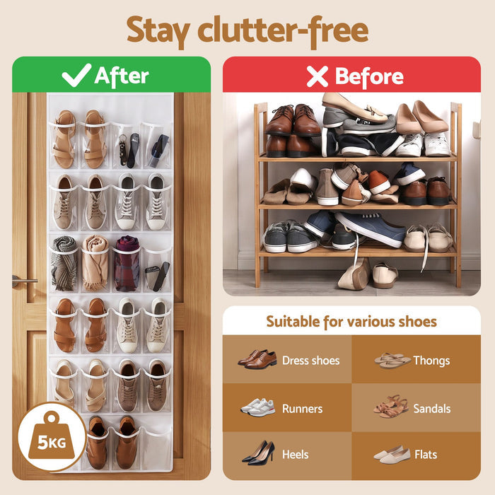 Artiss Over Door Shoe Organiser Storage X2 6-Tier Hanger 24 Pockets White