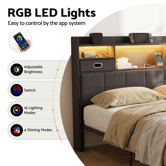 Artiss Queen Bed Frame with Storage Drawers & Headboard, 2 Drawer, USB, LED