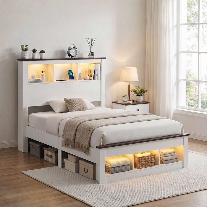 Artiss Single Bed Frame with Storage Bookcase Headboard and Footboard White