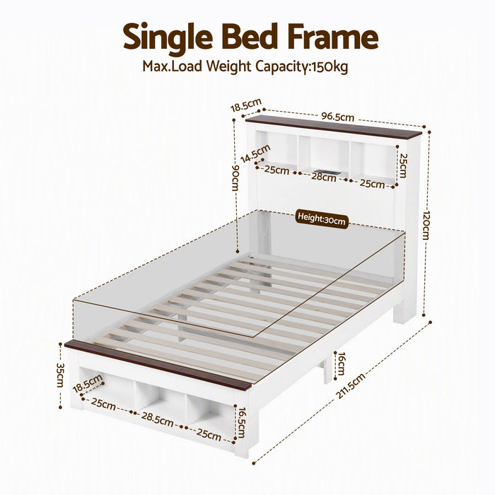 Artiss Single Bed Frame with Storage Bookcase Headboard and Footboard White