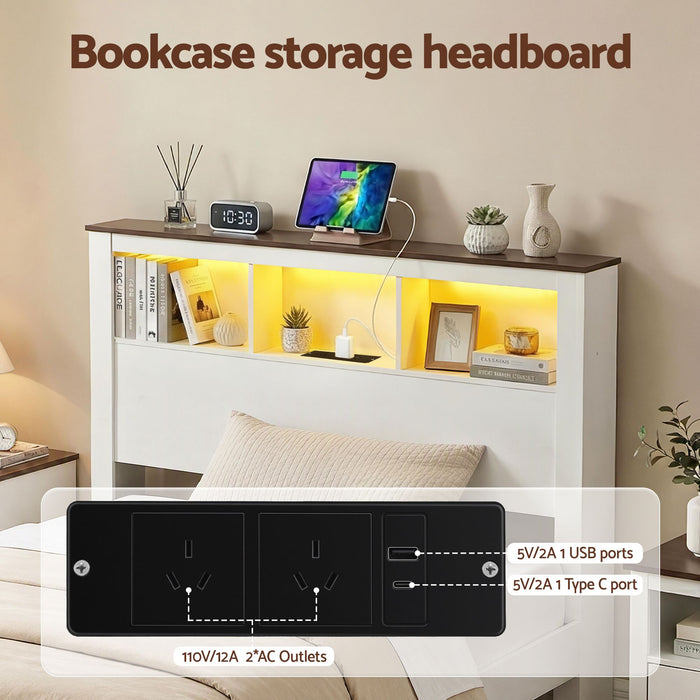 Artiss Single Bed Frame with Storage Bookcase Headboard and Footboard White