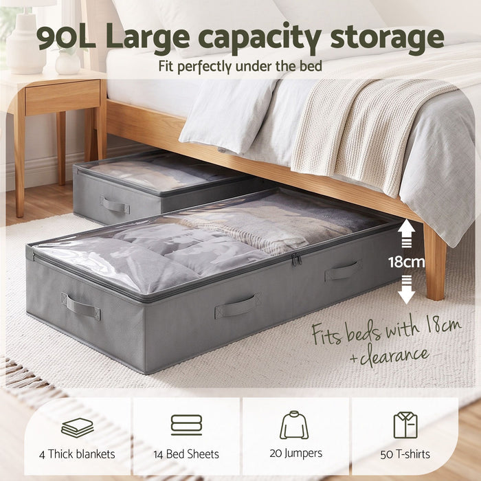 Artiss Under Bed Storage Containers X2 90L Organiser Clear Top Fabric Grey