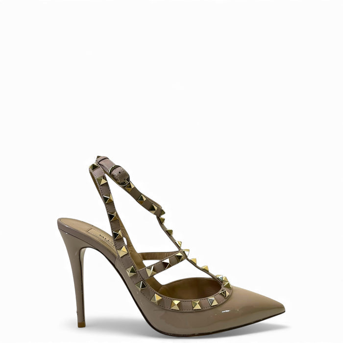 Valentino Beige Patent Leather Rockstud Ankle Strap Sandals EU 37.5