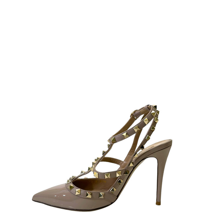 Valentino Beige Patent Leather Rockstud Ankle Strap Sandals EU 37.5