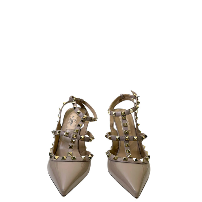 Valentino Beige Patent Leather Rockstud Ankle Strap Sandals EU 37.5
