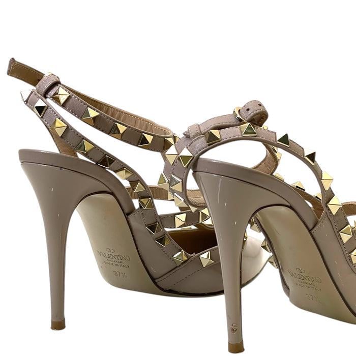 Valentino Beige Patent Leather Rockstud Ankle Strap Sandals EU 37.5