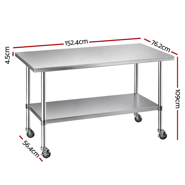 Cefito 1524x762mm Stainless Steel Kitchen Bench w/ Splashback Work Table Bench