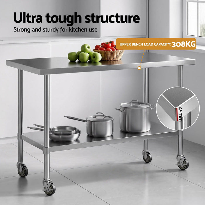 Cefito 1524x762mm Stainless Steel Kitchen Bench w/ Splashback Work Table Bench