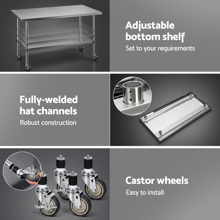 Cefito 1524x762mm Stainless Steel Kitchen Bench w/ Splashback Work Table Bench