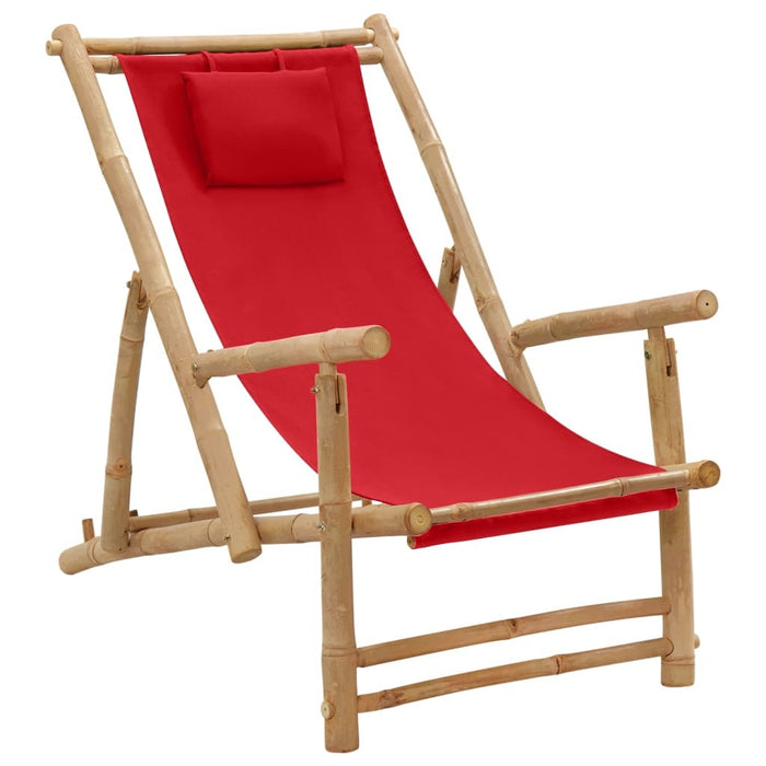 Deck Chair Bamboo Canvas Foldable Adjustable Backrest Outdoor Garden Red