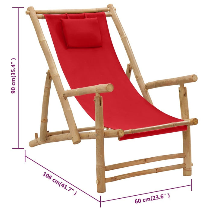 Deck Chair Bamboo Canvas Foldable Adjustable Backrest Outdoor Garden Red