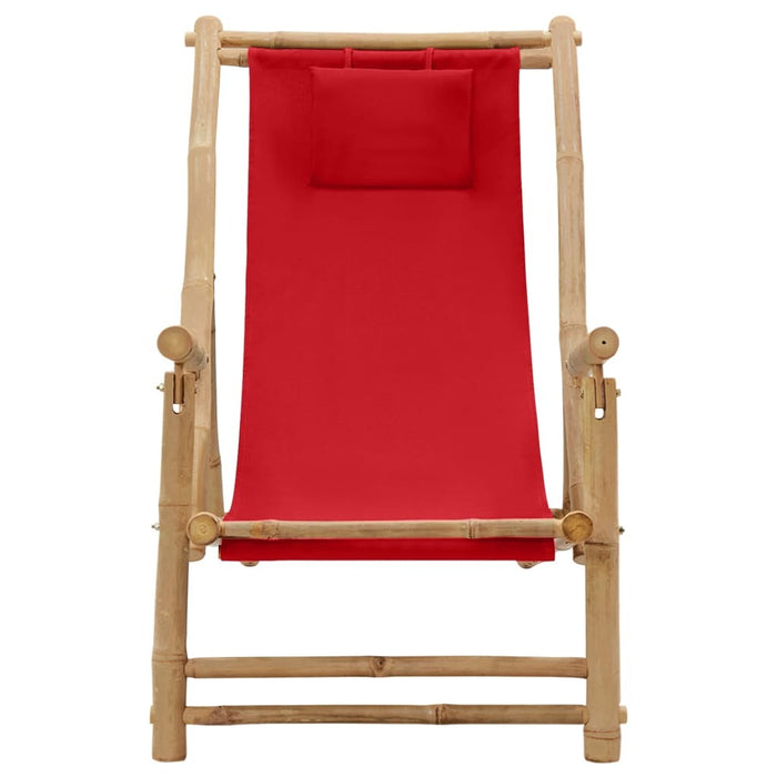 Deck Chair Bamboo Canvas Foldable Adjustable Backrest Outdoor Garden Red