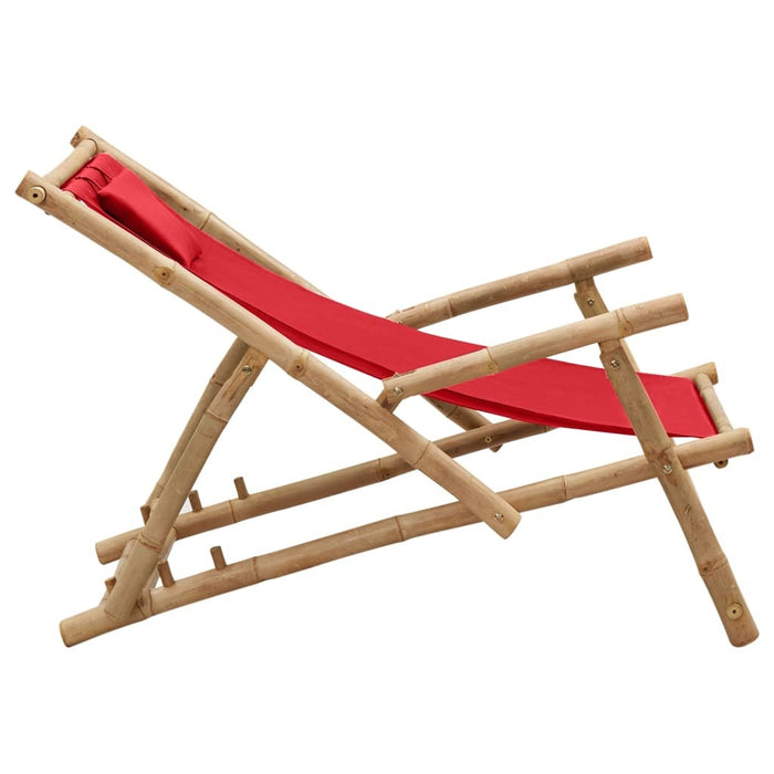 Deck Chair Bamboo Canvas Foldable Adjustable Backrest Outdoor Garden Red