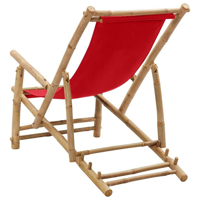 Deck Chair Bamboo Canvas Foldable Adjustable Backrest Outdoor Garden Red