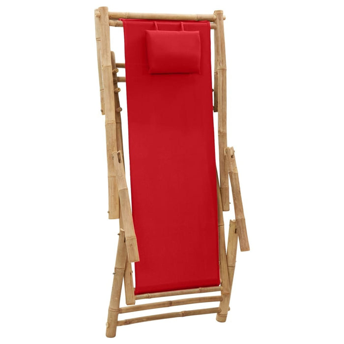 Deck Chair Bamboo Canvas Foldable Adjustable Backrest Outdoor Garden Red