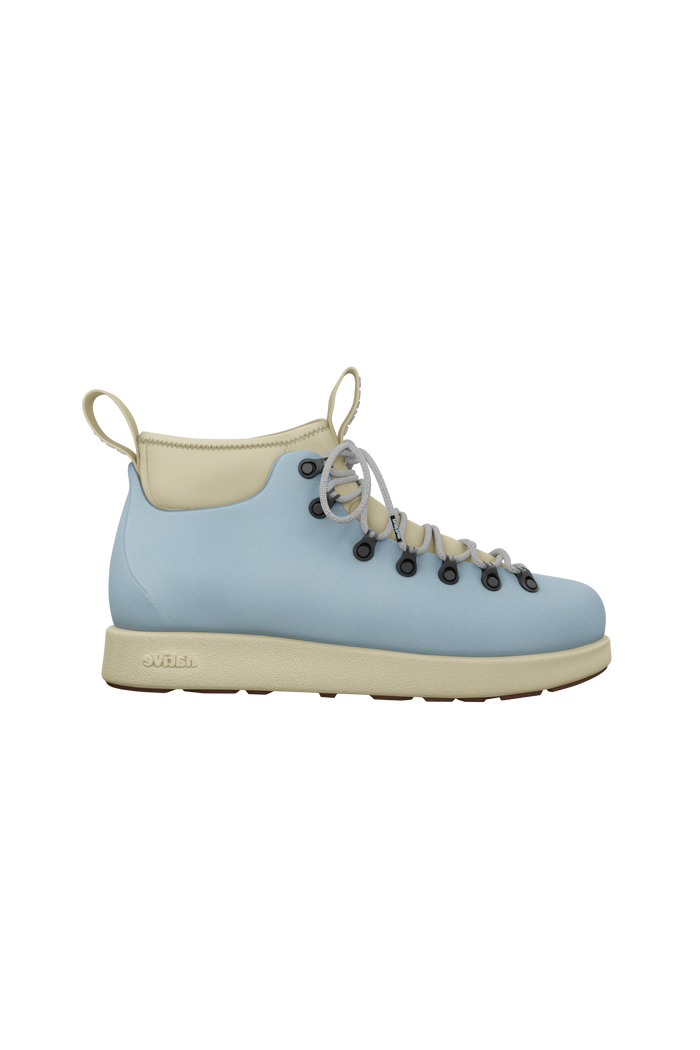 Side view of a Native Shoes Adults Fitzsimmons Venture Footwear in Air Blue / Tapioca Off White