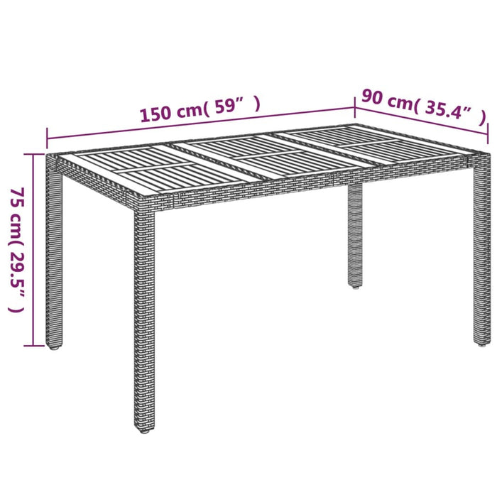 Garden Table Poly Rattan Solid Acacia Wood Top Steel Frame 150x90x75cm Black