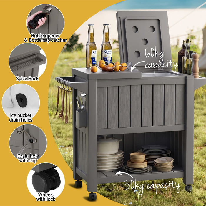 Gardeon Outdoor Storage Cabinet Box 80L Ice Bucket Cooler Rolling Kitchen Trolley Brown